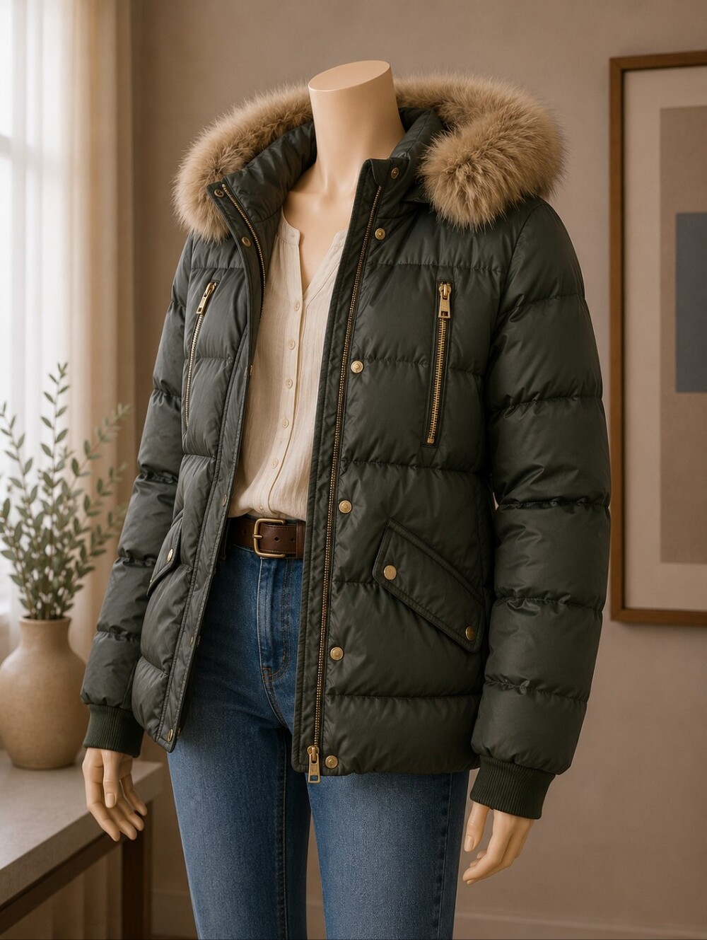 Michael Kors Women's XXL Dark Green Down Puffer Jacket Faux Fur Hoodie